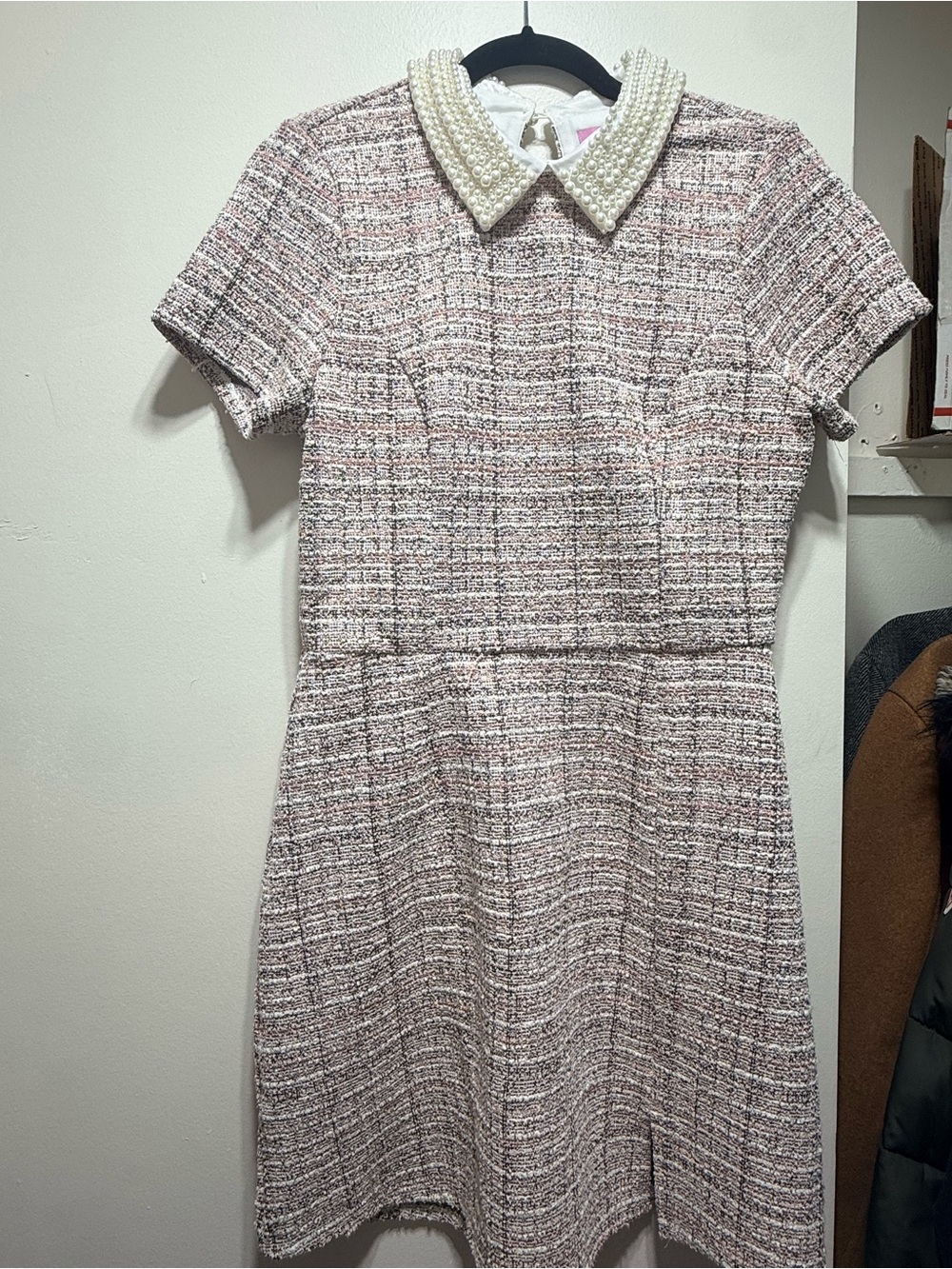 NEW! Francesca's Collections Pink & White Pearl-Collar Tweed Mini Dress - Picture 4 of 7